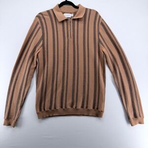 Topman Mens Striped Knit Polo Sweater Tan‎ Brown Quarter Zip Long Sleeve Size M